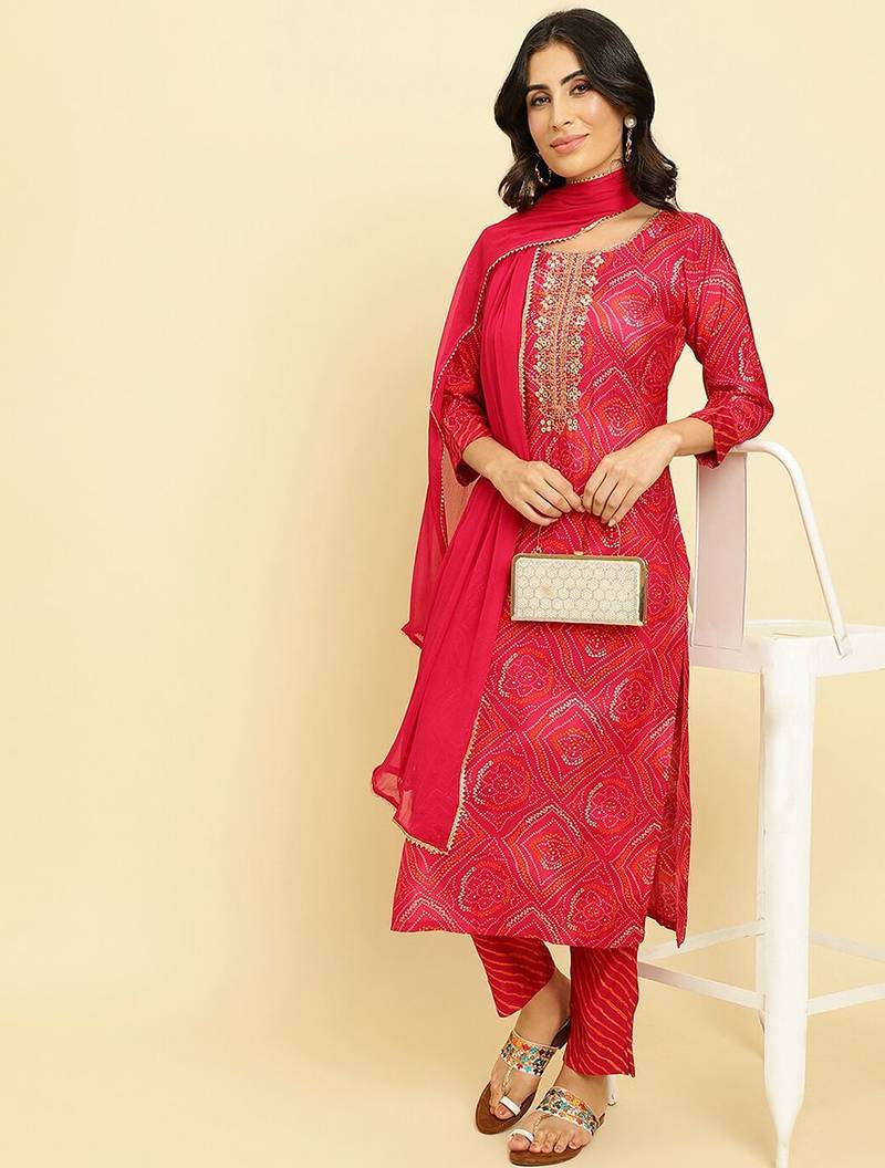 Bandhani Printed Beads & Stones Kurta With Trousers & Dupatta