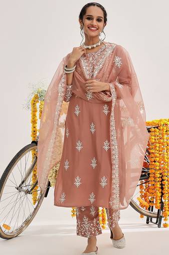 Ethnic Motifs Embroidered Thread Work Pure Cotton Kurta & Trousers With Dupatta