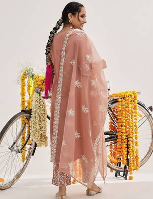 Ethnic Motifs Embroidered Thread Work Pure Cotton Kurta & Trousers With Dupatta 6