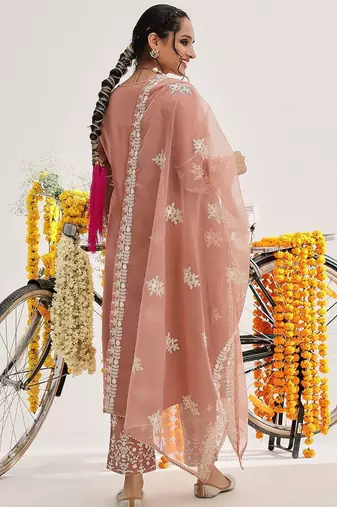 Ethnic Motifs Embroidered Thread Work Pure Cotton Kurta & Trousers With Dupatta