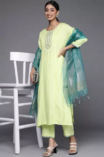 Women Green Pleated Kurta with Trousers & Dupatta