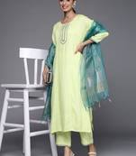 Women Green Pleated Kurta with Trousers & Dupatta