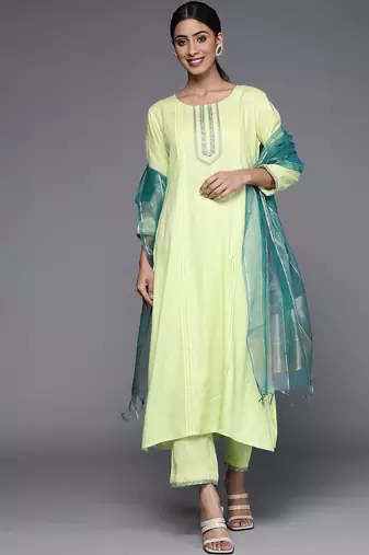 Women Green Pleated Kurta with Trousers & Dupatta