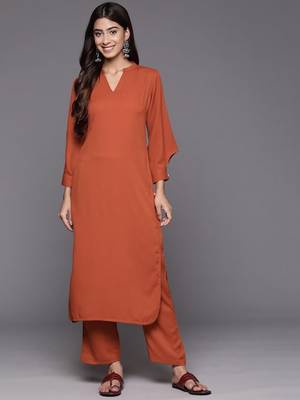 Rust Mandarin Collar Cuffed Sleeves Straight Kurta with Trousers 1