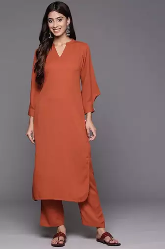 Rust Mandarin Collar Cuffed Sleeves Straight Kurta with Trousers