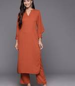 Rust Mandarin Collar Cuffed Sleeves Straight Kurta with Trousers