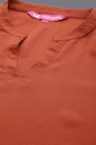 Rust Mandarin Collar Cuffed Sleeves Straight Kurta with Trousers