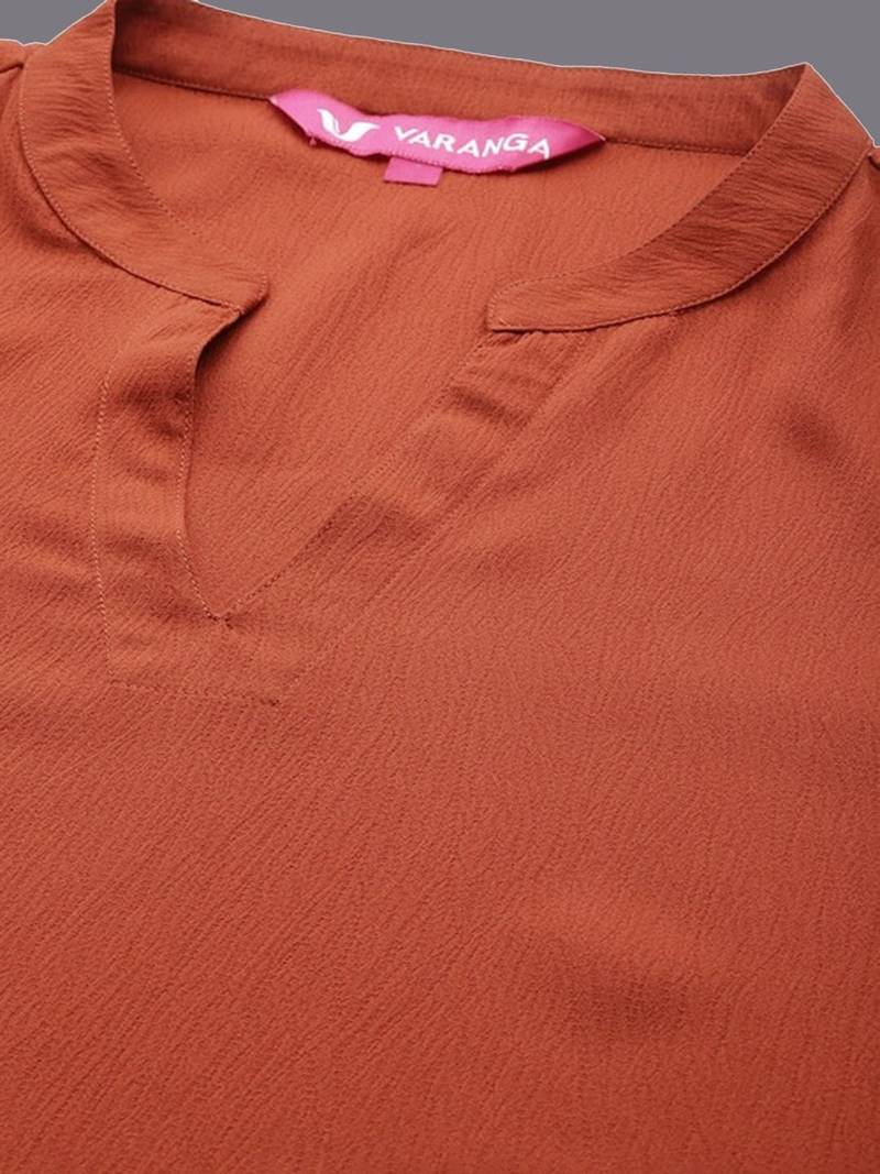 Rust Mandarin Collar Cuffed Sleeves Straight Kurta with Trousers