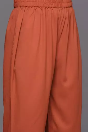 Rust Mandarin Collar Cuffed Sleeves Straight Kurta with Trousers