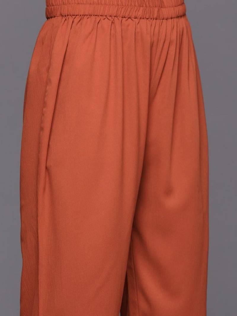 Rust Mandarin Collar Cuffed Sleeves Straight Kurta with Trousers