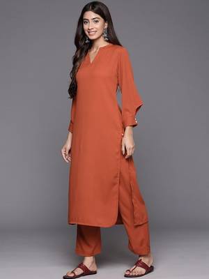 Rust Mandarin Collar Cuffed Sleeves Straight Kurta with Trousers 4
