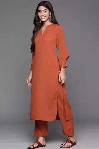 Rust Mandarin Collar Cuffed Sleeves Straight Kurta with Trousers