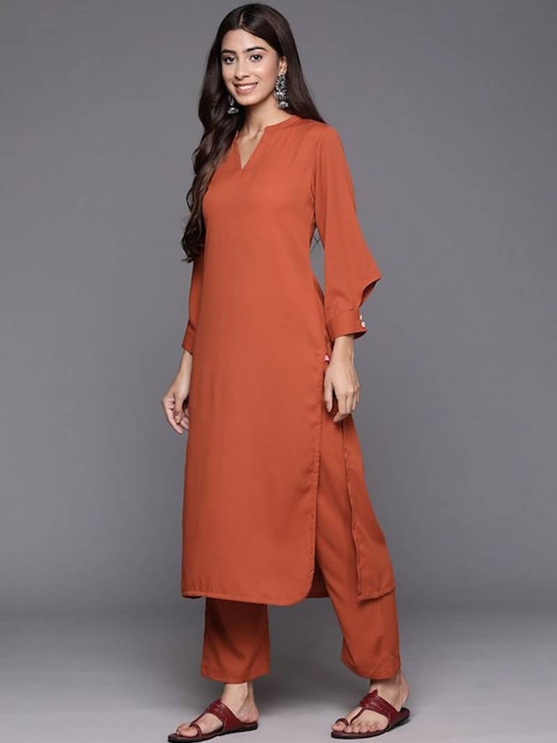 Rust Mandarin Collar Cuffed Sleeves Straight Kurta with Trousers