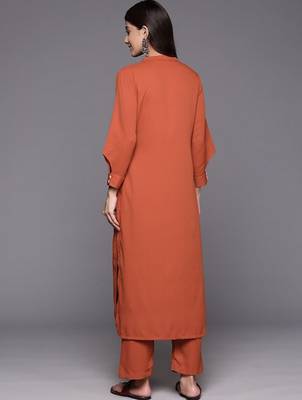 Rust Mandarin Collar Cuffed Sleeves Straight Kurta with Trousers 5