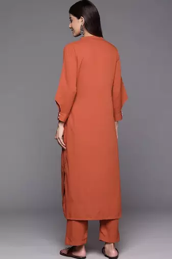 Rust Mandarin Collar Cuffed Sleeves Straight Kurta with Trousers