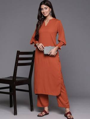 Rust Mandarin Collar Cuffed Sleeves Straight Kurta with Trousers 6