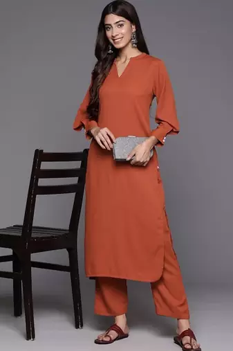 Rust Mandarin Collar Cuffed Sleeves Straight Kurta with Trousers