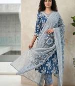 Women Floral Printed Regular Thread Work Pure Cotton Kurta with Trousers & With Dupatta