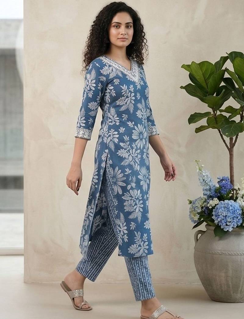 Women Floral Printed Regular Thread Work Pure Cotton Kurta with Trousers & With Dupatta