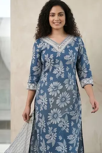 Women Floral Printed Regular Thread Work Pure Cotton Kurta with Trousers & With Dupatta