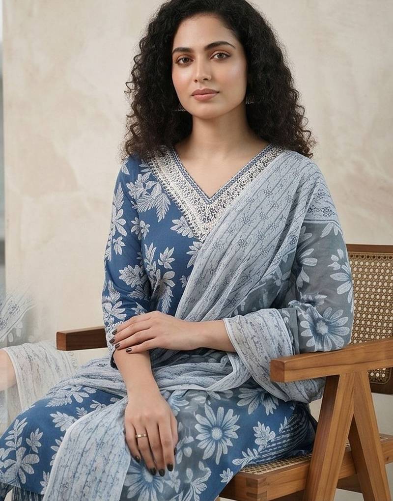 Women Floral Printed Regular Thread Work Pure Cotton Kurta with Trousers & With Dupatta