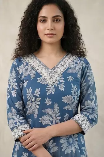 Women Floral Printed Regular Thread Work Pure Cotton Kurta with Trousers & With Dupatta