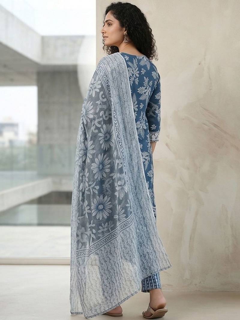 Women Floral Printed Regular Thread Work Pure Cotton Kurta with Trousers & With Dupatta