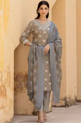 Women Floral Printed Regular Mirror Work Kurta with Trousers & With Dupatta