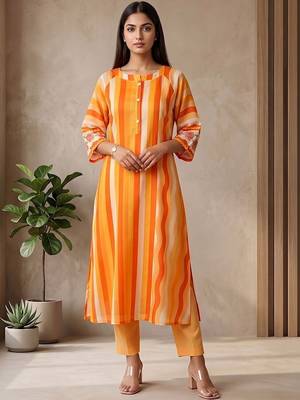 Women's Striped Cotton Aline Kurta Set with Fusion Look 1
