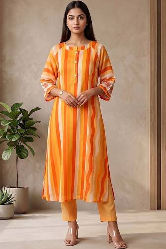 Women's Striped Cotton Aline Kurta Set with Fusion Look