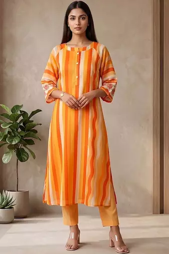 Women's Striped Cotton Aline Kurta Set with Fusion Look