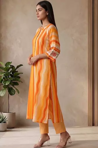 Women's Striped Cotton Aline Kurta Set with Fusion Look