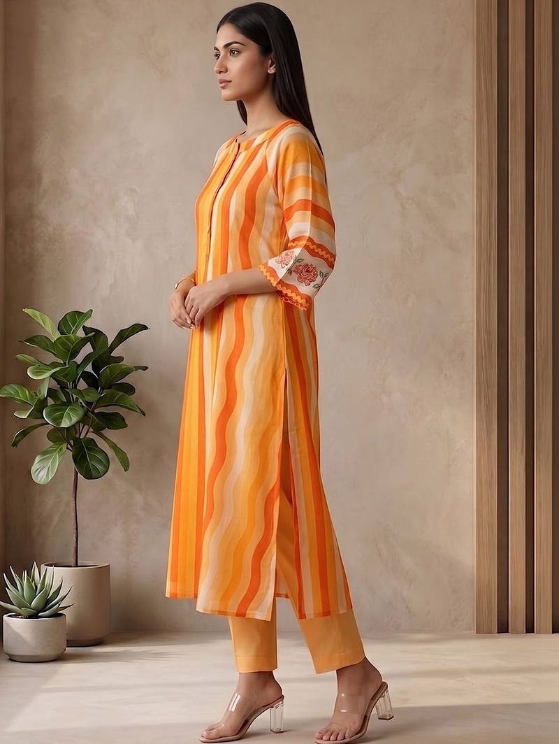 Women's Striped Cotton Aline Kurta Set with Fusion Look