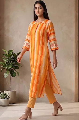 Women's Striped Cotton Aline Kurta Set with Fusion Look
