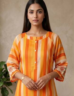 Women's Striped Cotton Aline Kurta Set with Fusion Look 5