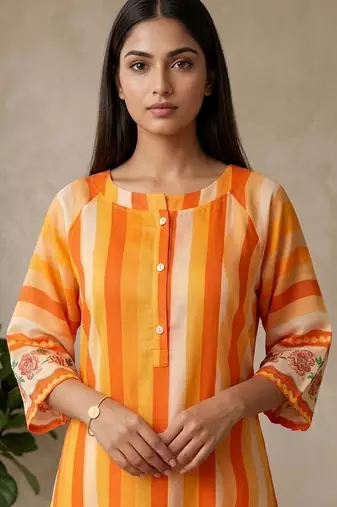 Women's Striped Cotton Aline Kurta Set with Fusion Look