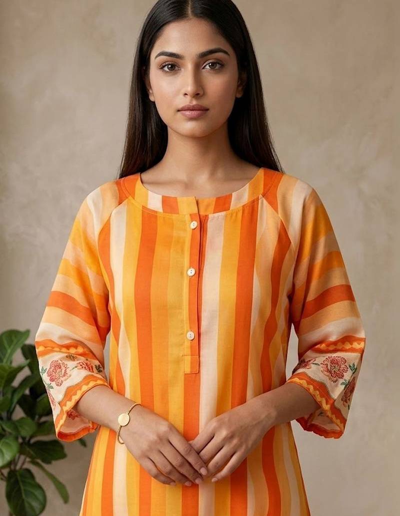 Women's Striped Cotton Aline Kurta Set with Fusion Look