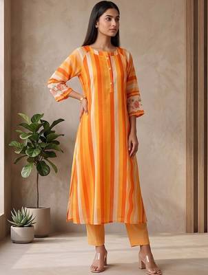 Women's Striped Cotton Aline Kurta Set with Fusion Look 6