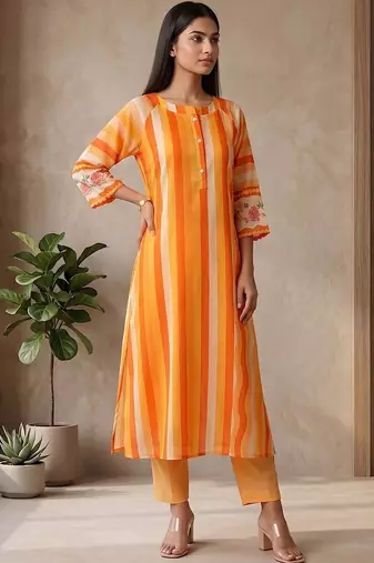 Women's Striped Cotton Aline Kurta Set with Fusion Look