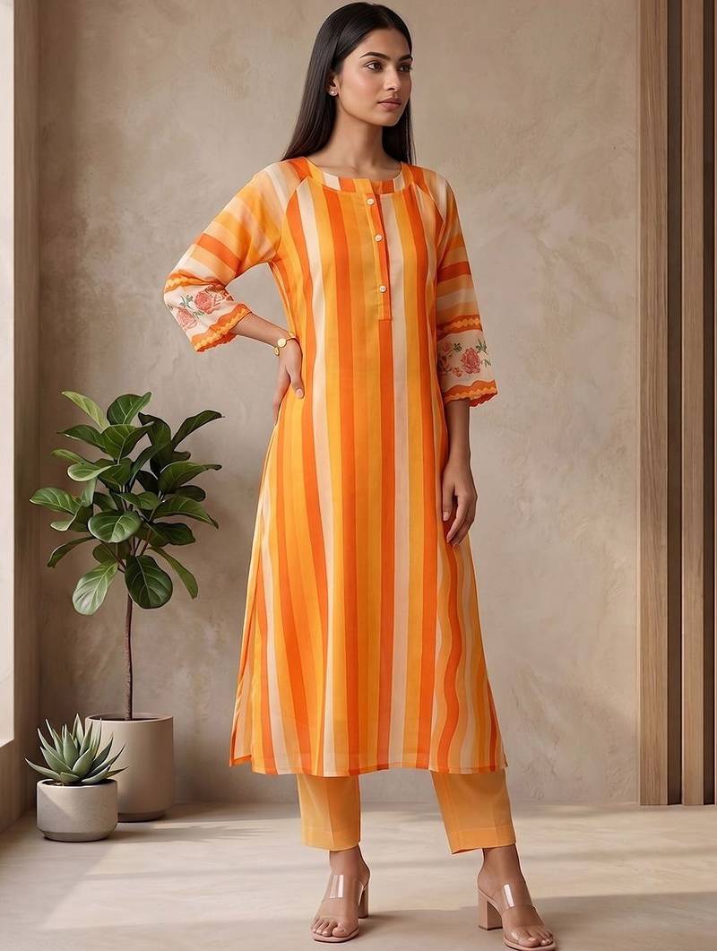 Women's Striped Cotton Aline Kurta Set with Fusion Look