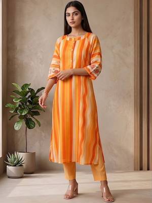 Women's Striped Cotton Aline Kurta Set with Fusion Look 7