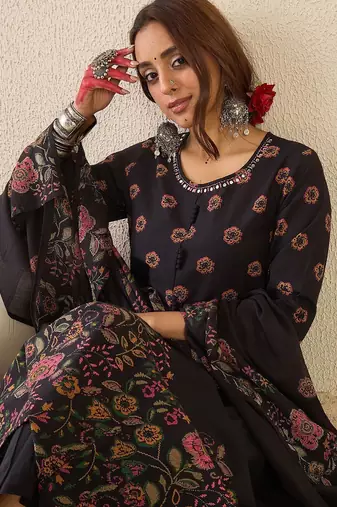 Floral Printed Round Neck Anarkali Pure Cotton Kurta With Trousers & With Dupatta