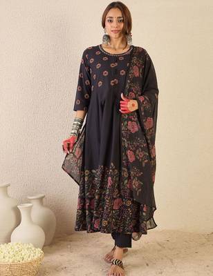 Floral Printed Round Neck Anarkali  Cotton Kurta With Trousers & With Dupatta 1