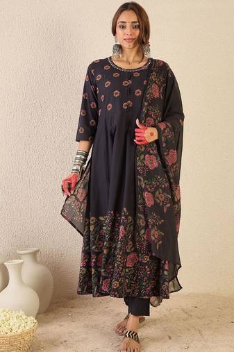 Floral Printed Round Neck Anarkali  Cotton Kurta With Trousers & With Dupatta