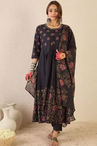 Floral Printed Round Neck Anarkali Pure Cotton Kurta With Trousers & With Dupatta