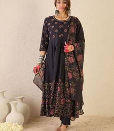 Floral Printed Round Neck Anarkali  Cotton Kurta With Trousers & With Dupatta