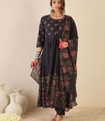Floral Printed Round Neck Anarkali  Cotton Kurta With Trousers & With Dupatta