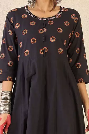 Floral Printed Round Neck Anarkali Pure Cotton Kurta With Trousers & With Dupatta