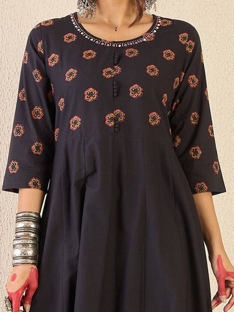 Floral Printed Round Neck Anarkali  Cotton Kurta With Trousers & With Dupatta