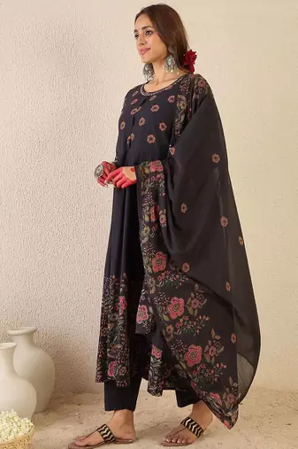 Floral Printed Round Neck Anarkali Pure Cotton Kurta With Trousers & With Dupatta